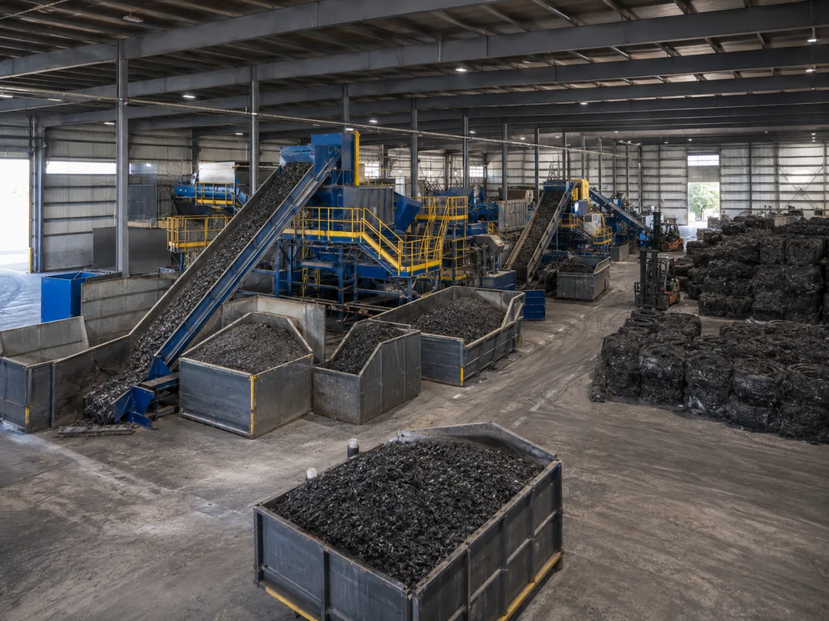 Operational tire and rubber recycling facility floor